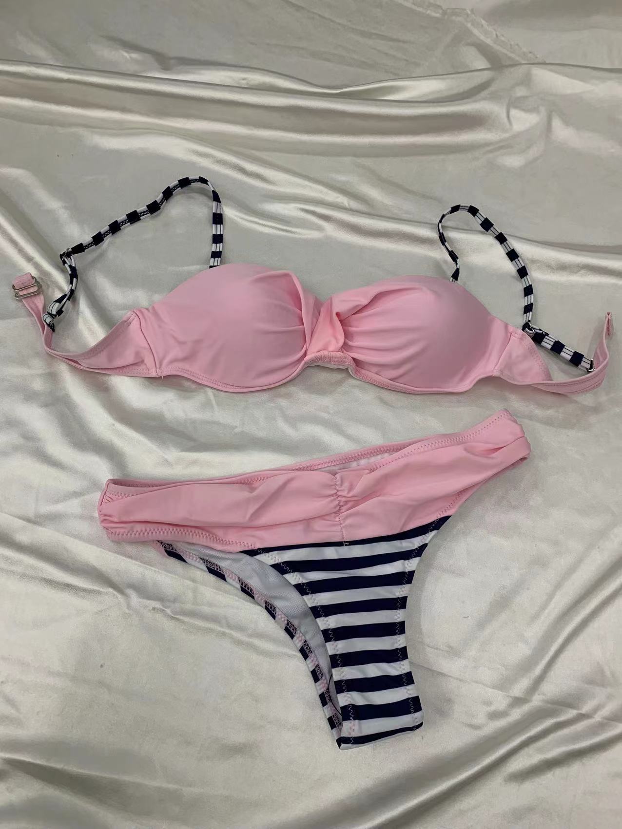 Striped Print Ruched Bikini Set