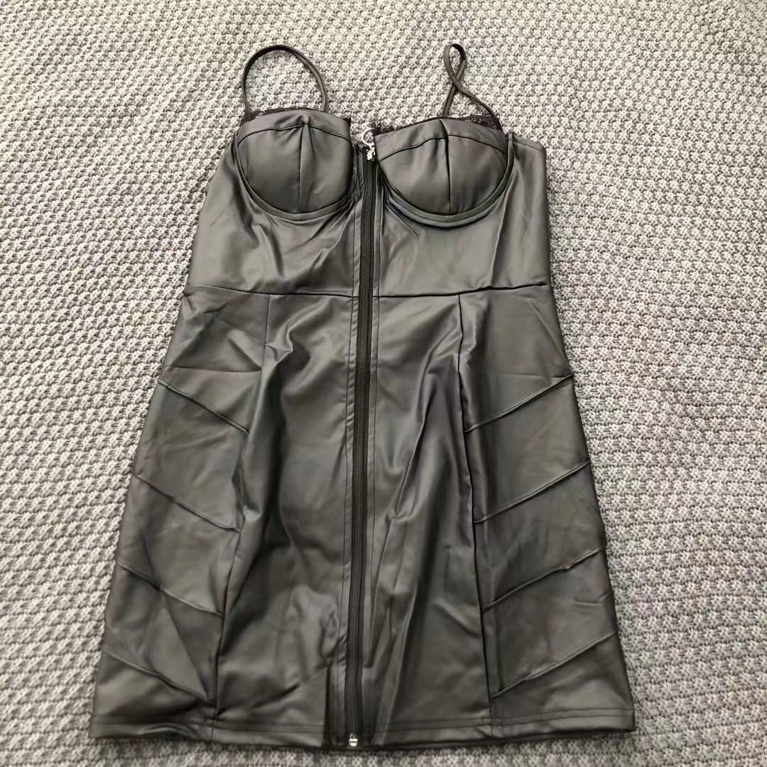 pu leather plunge contrast lace zipper up bodycon dress