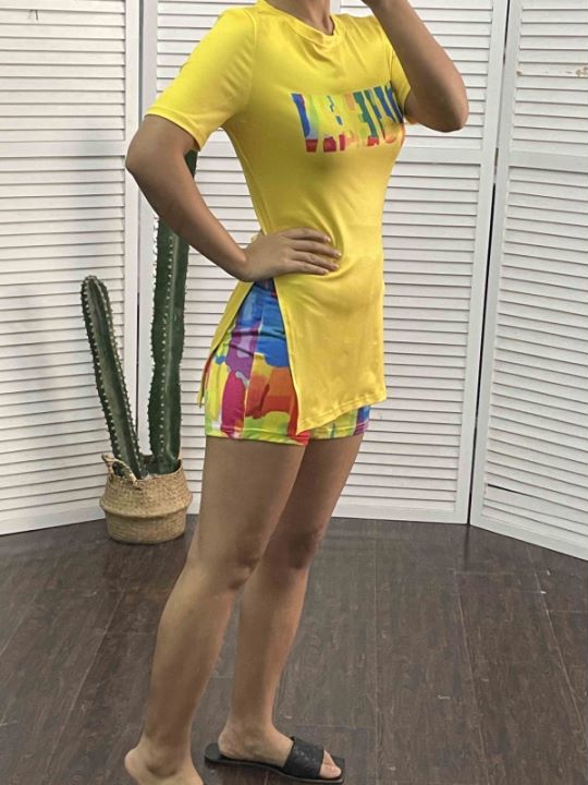 Melting Colors Allover Print Split Hem Top & Shorts Set