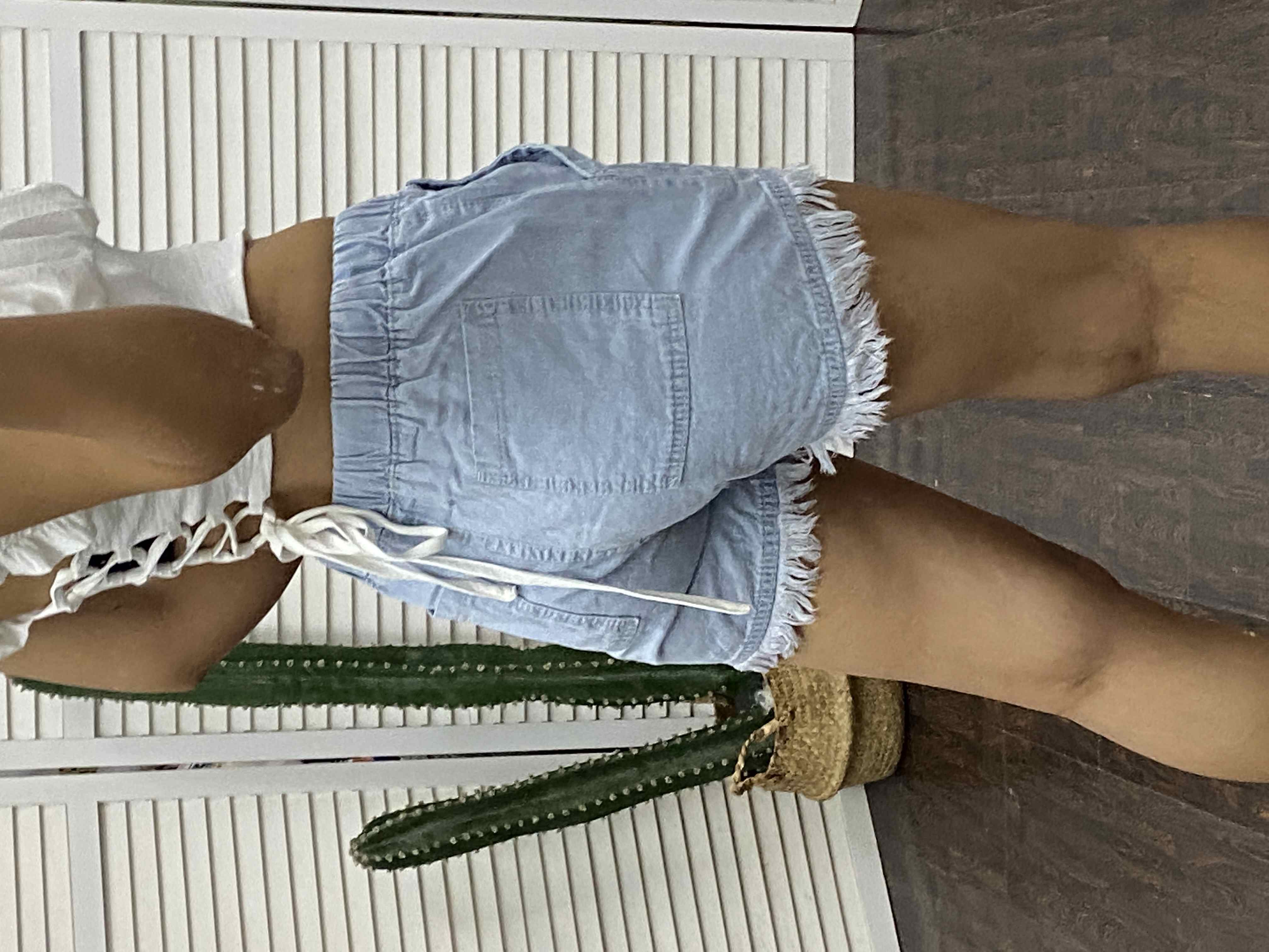 Denim Shorts with Fishnet Top Trimming and Fringe