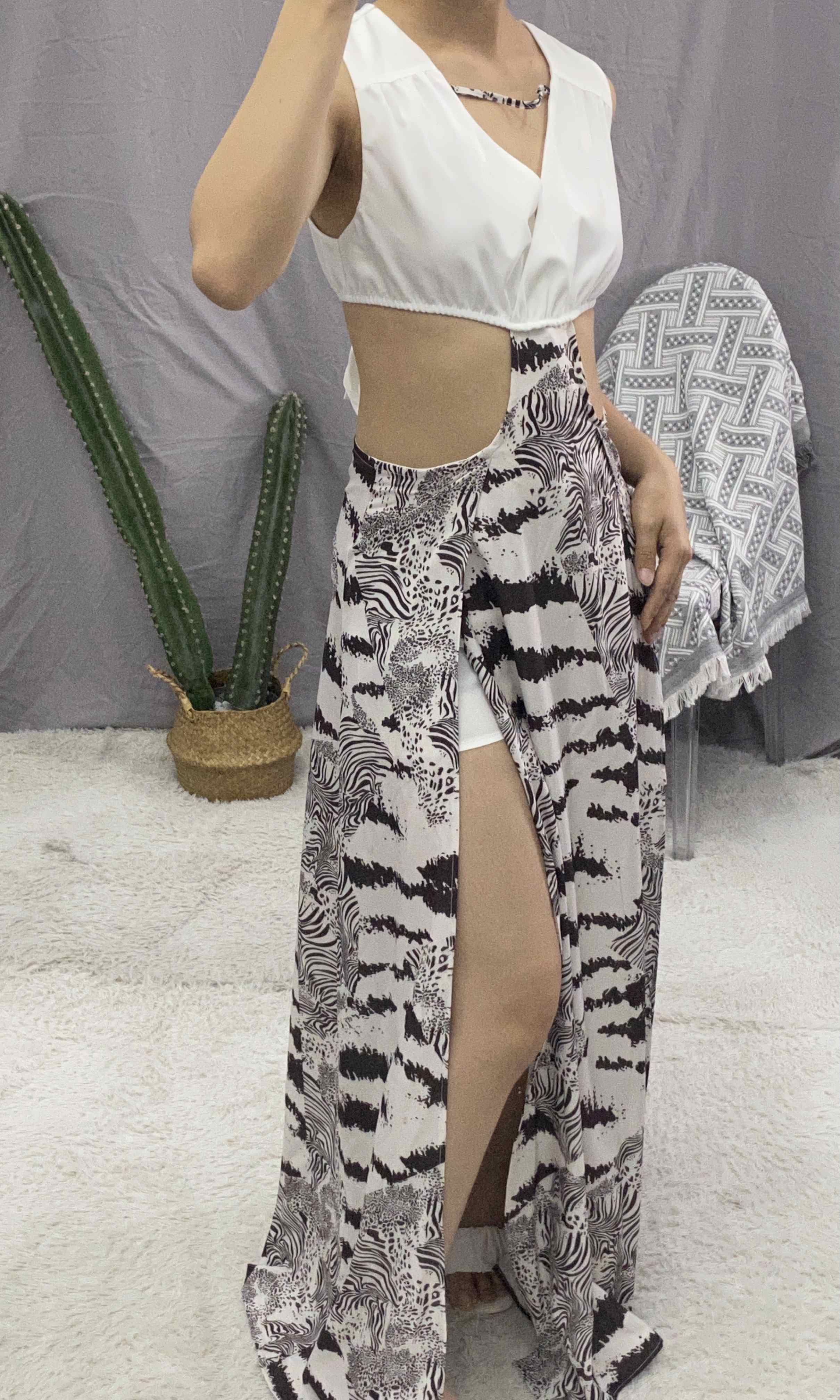 Zebra Stripe Tie Dye Print Cutout High Slit Maxi Dress