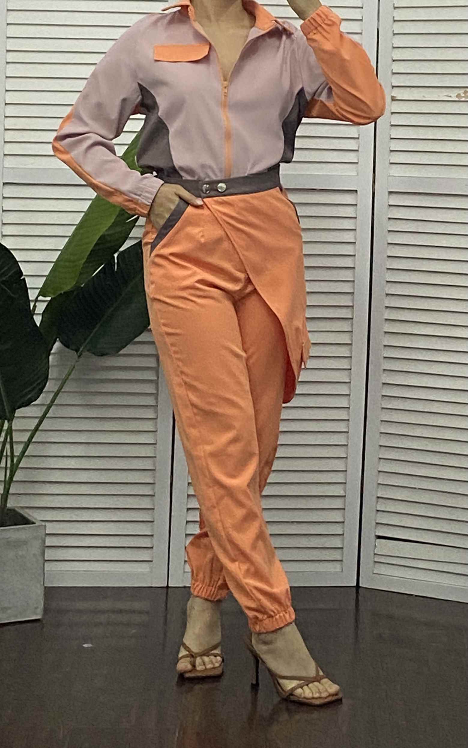 Apricot Solid Seamed Zipper Jacket and Drawstring Waist Pants Set main image 0