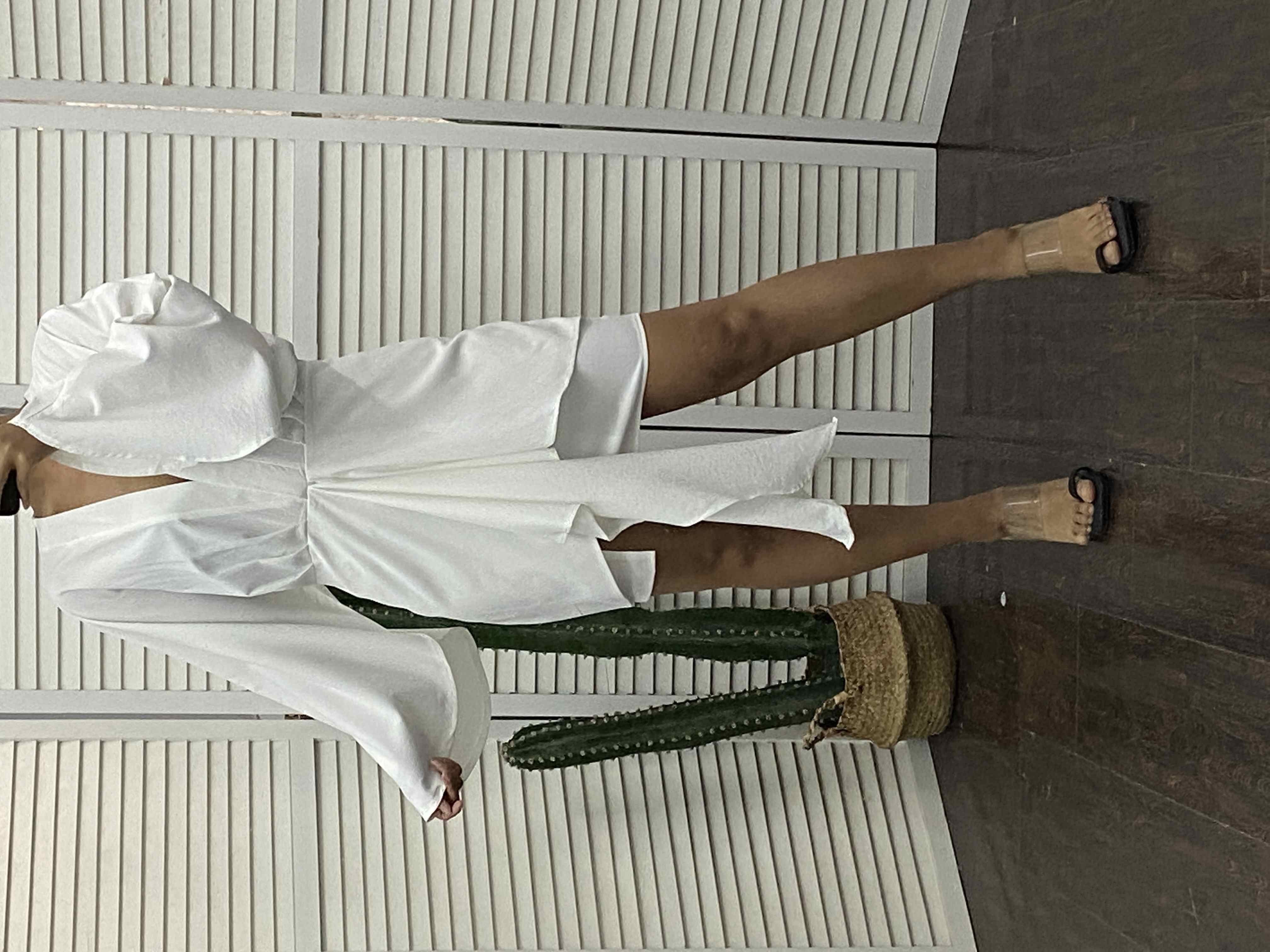 Printed Tie Belt Slit Flare Sleeve Dress