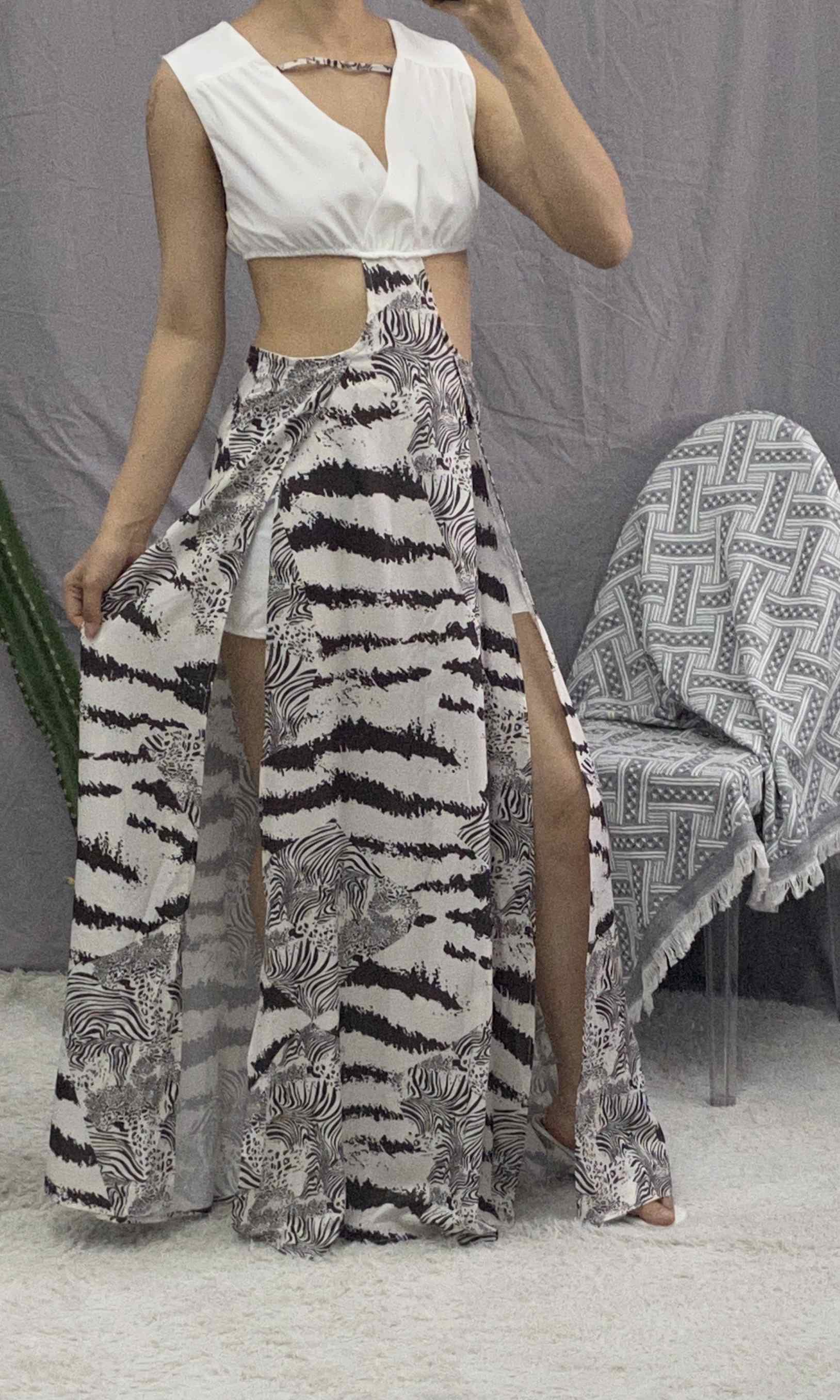 Zebra Stripe Tie Dye Print Cutout High Slit Maxi Dress
