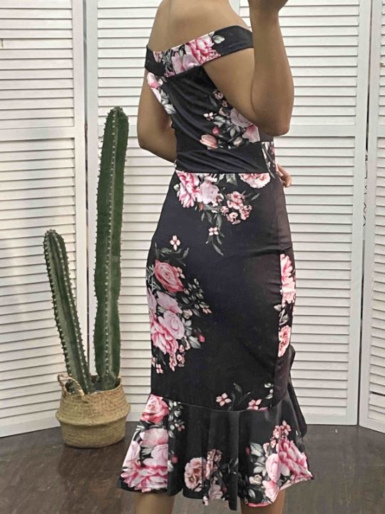 Floral Print Off Shoulder Ruffle Hem Bodycon Dress