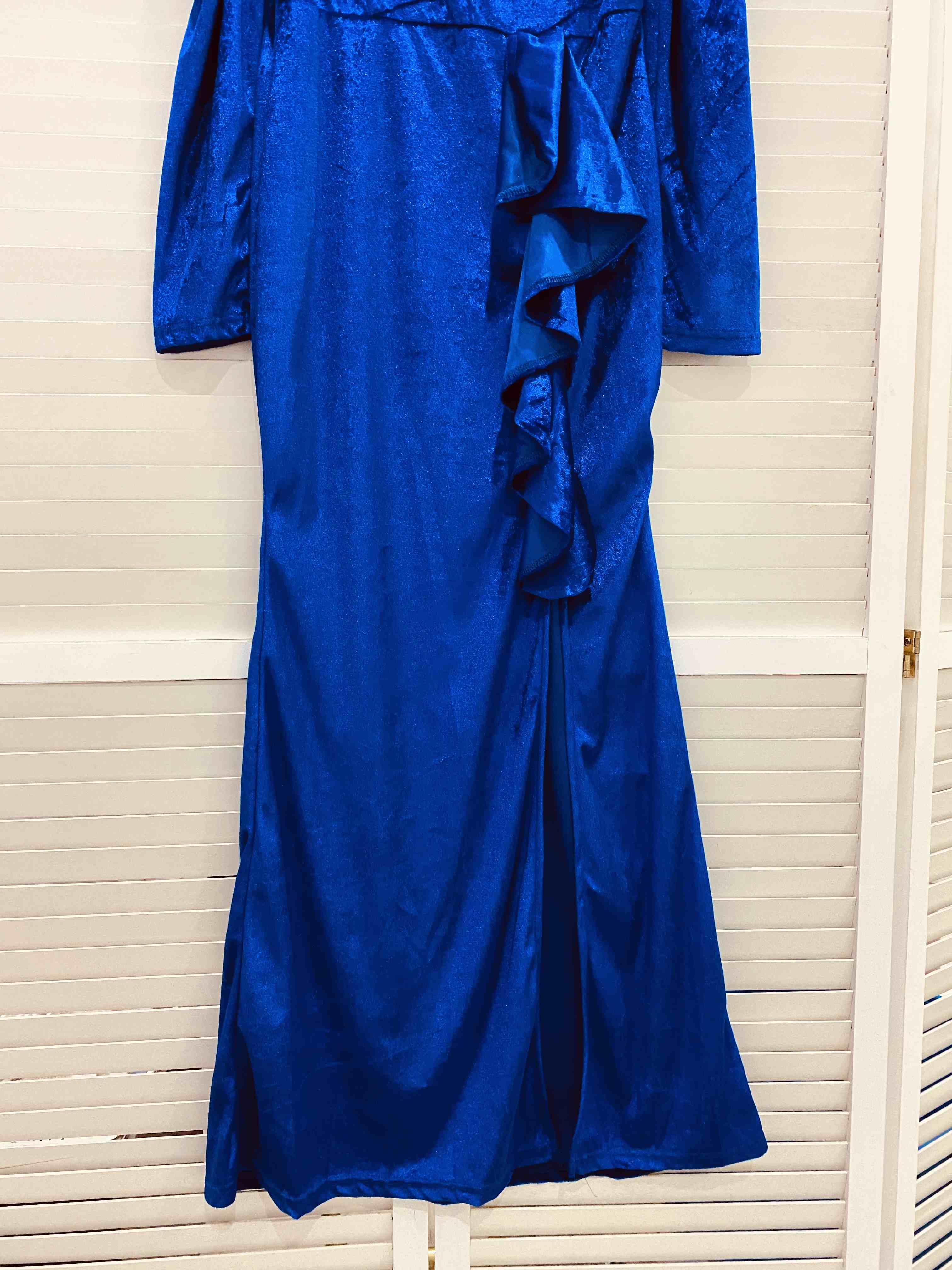 Royal Blue Long Formal Dress Winter Velvet Ruffle Off Shoulder with Slit