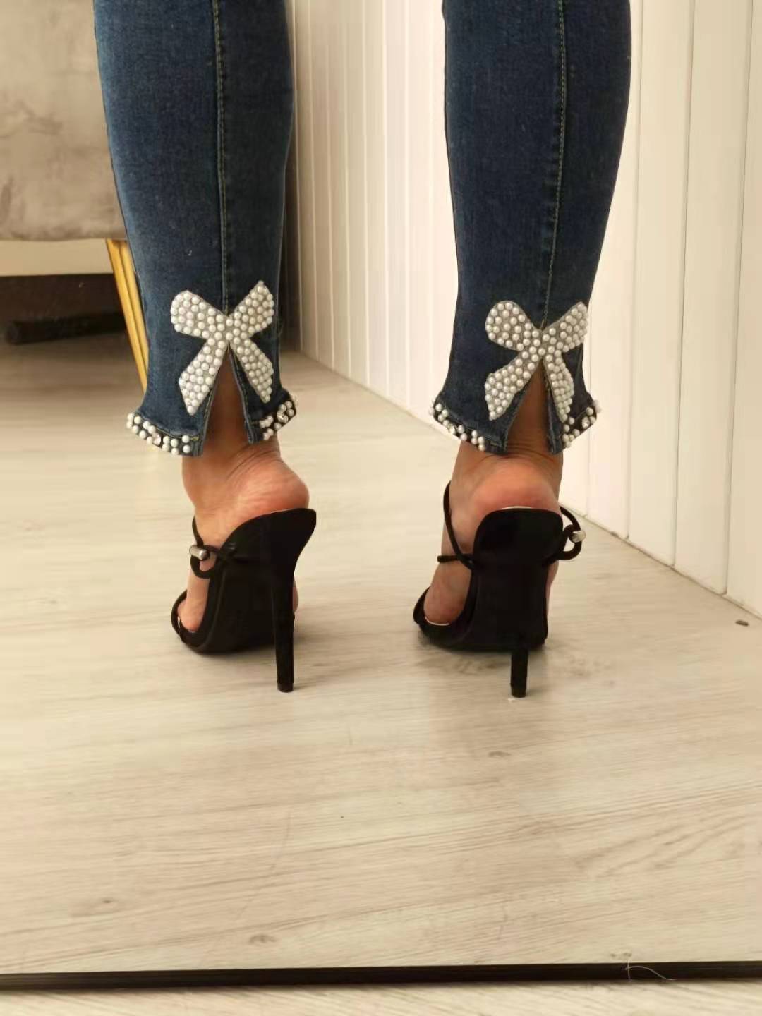 beaded bowknot decor square toe pyramid heels