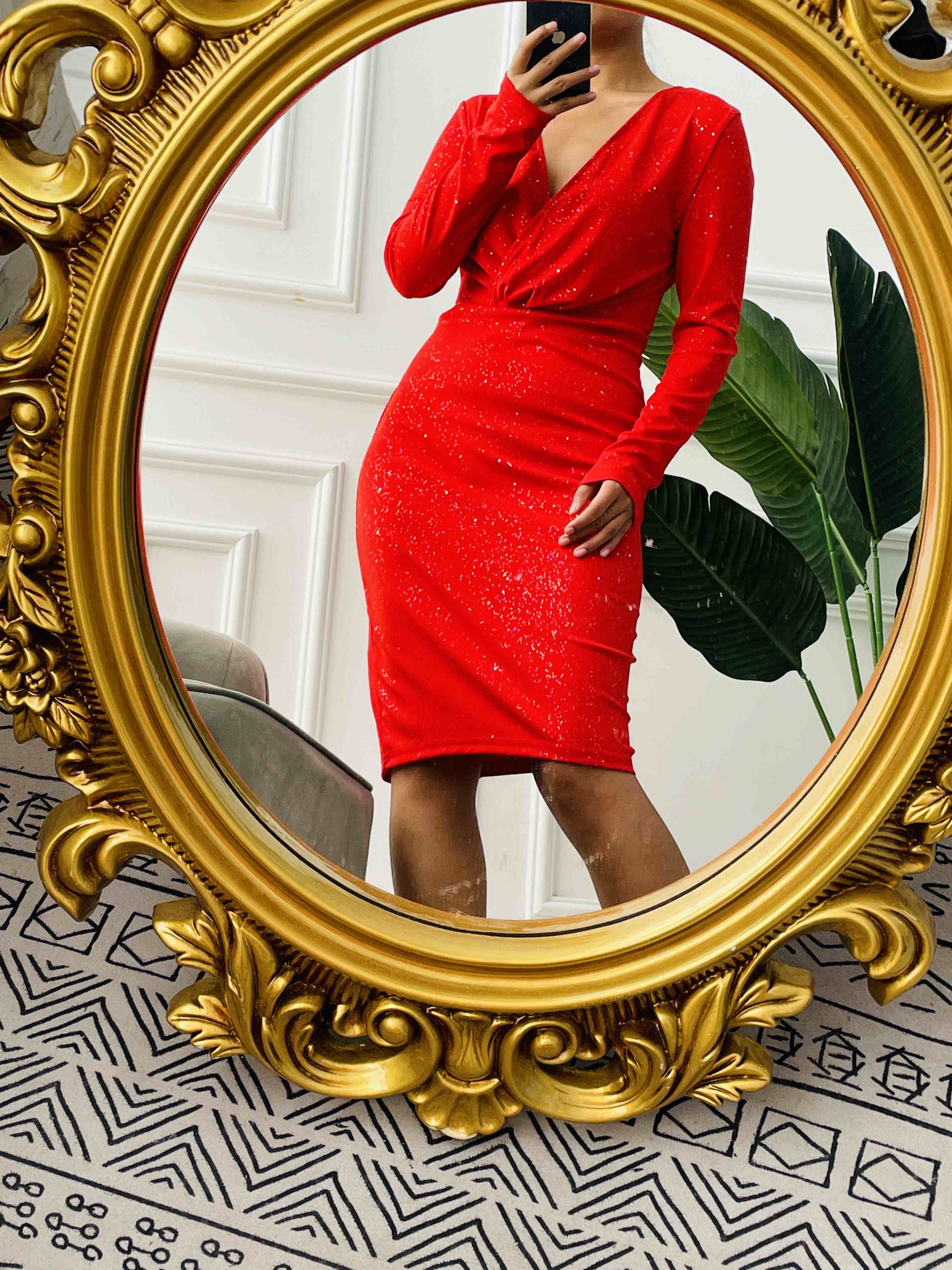 Glitter Ruched Long Sleeve Party Dress