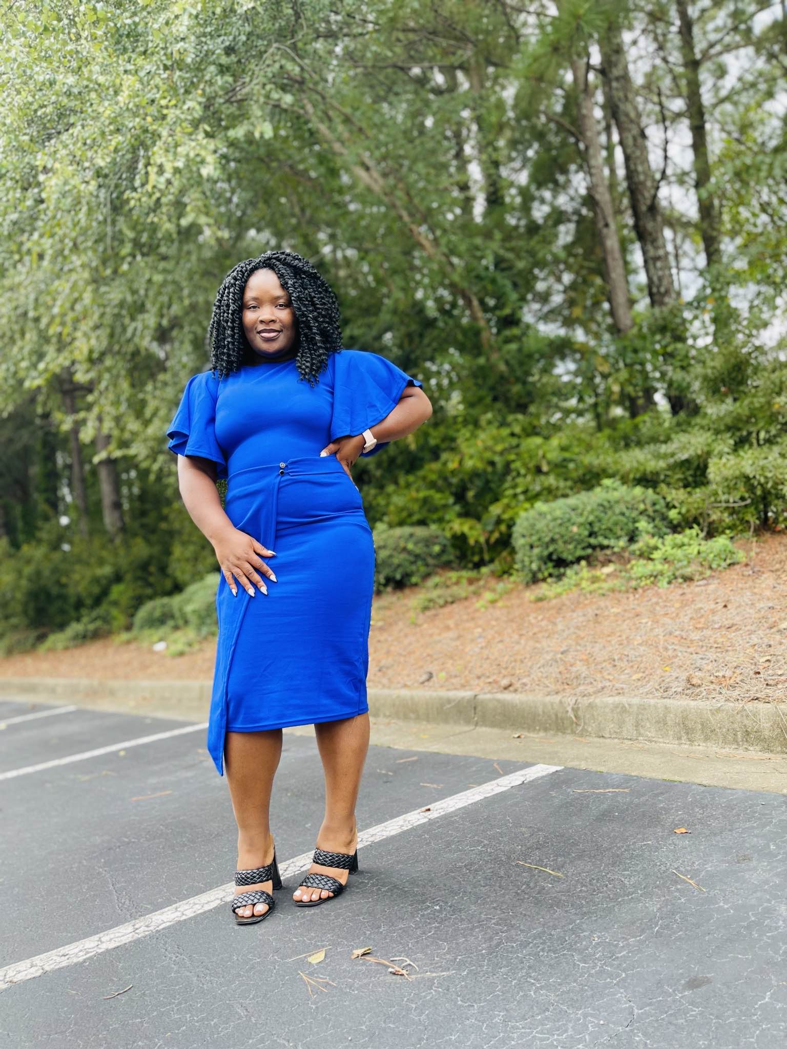 Flutter Sleeves Scoop Chiffon Ruffles Long Dress Dusty Blue