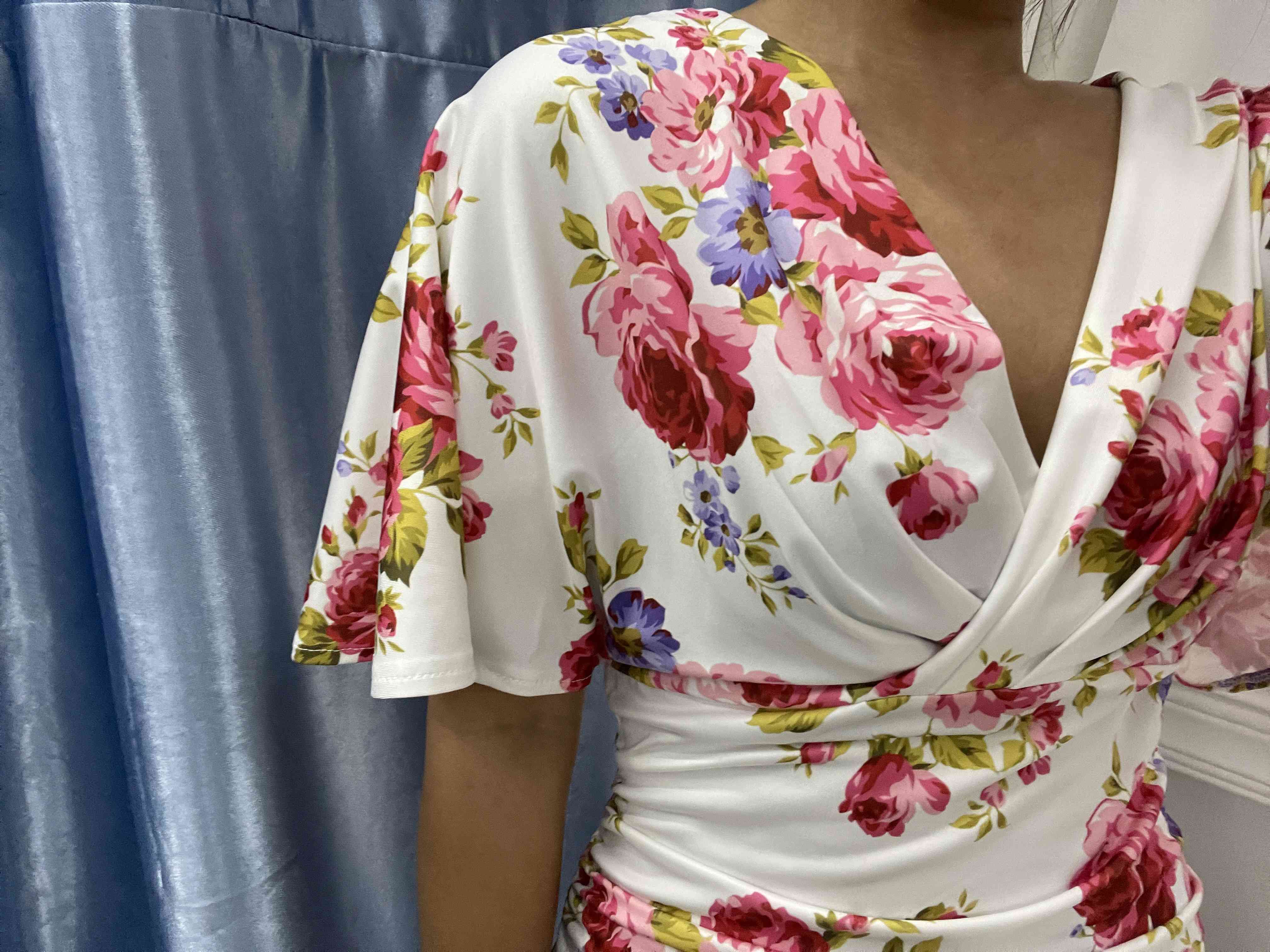 Floral Print Batwing Sleeve Ruched Party Dress