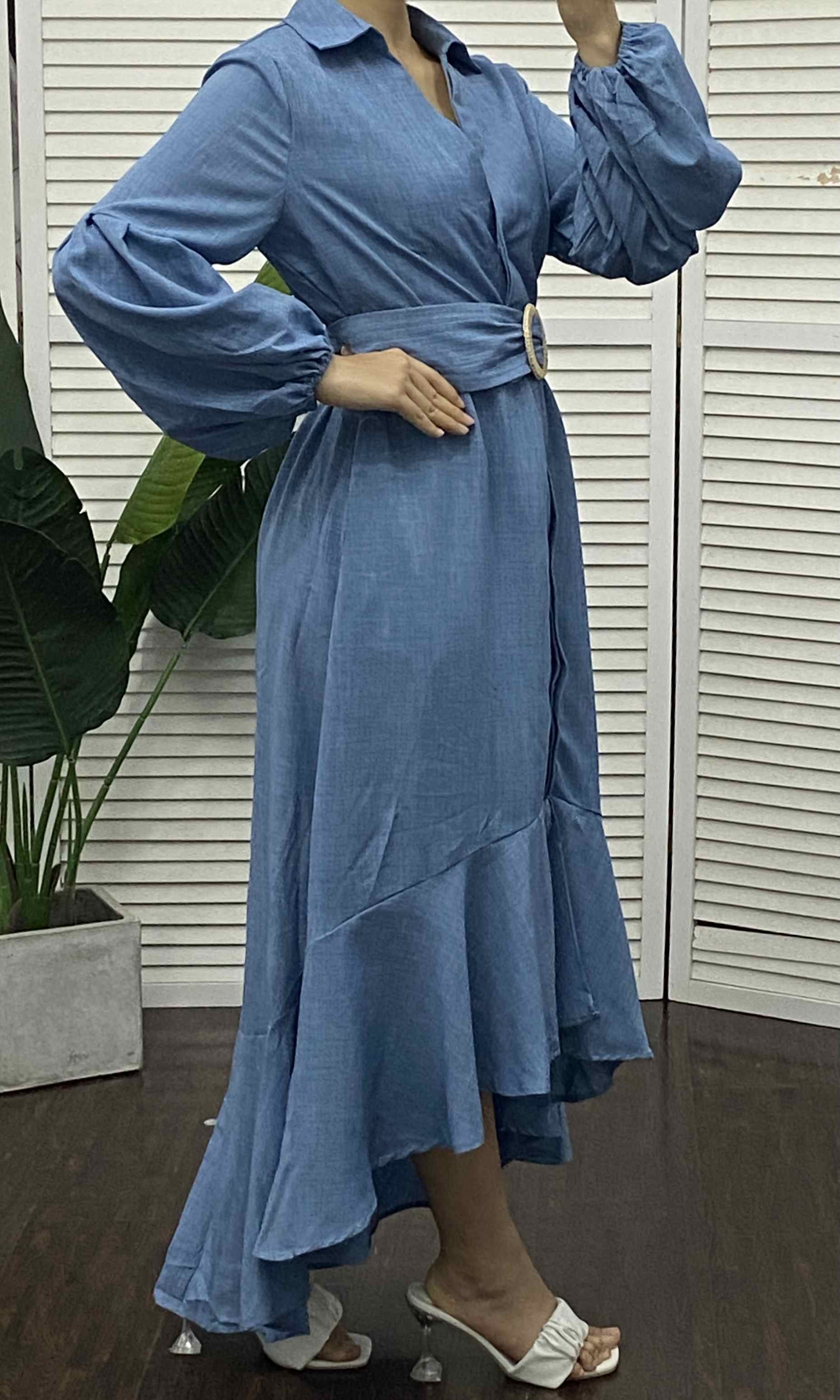 Women Blue Print Exra Large Hem Chiffon Dress Lantern Sleeve main image 0