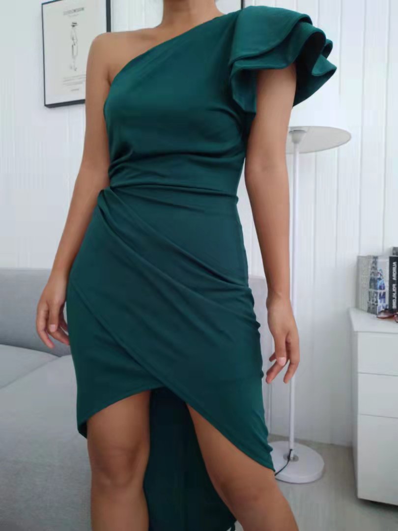 One Shoulder Ruffles Slit Ruched Party Dress