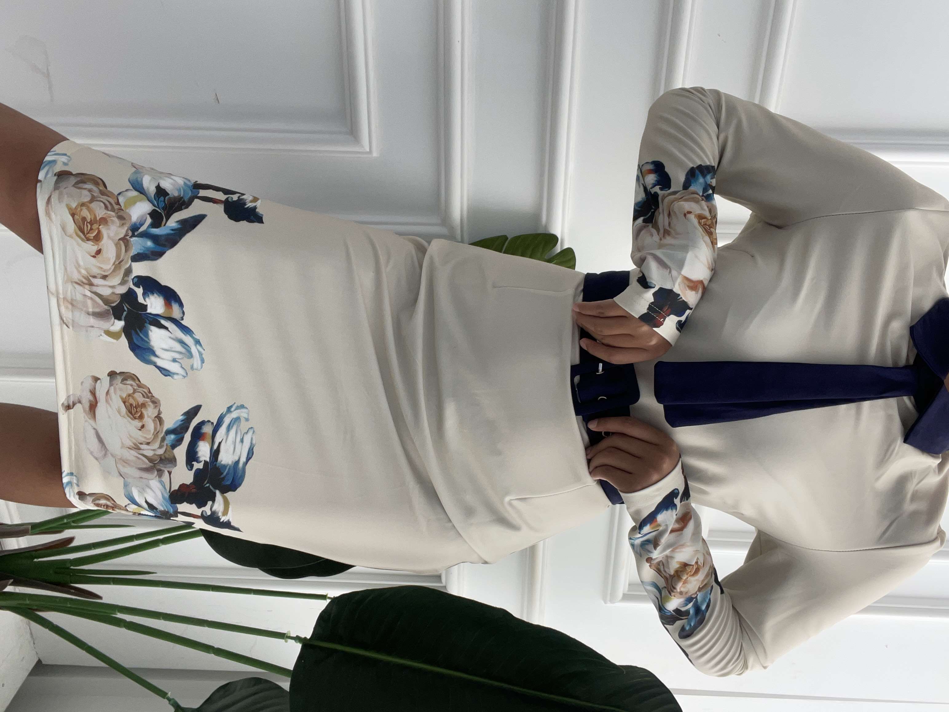 Floral Print Long Sleeve Tie Detail Work Dress With Belt