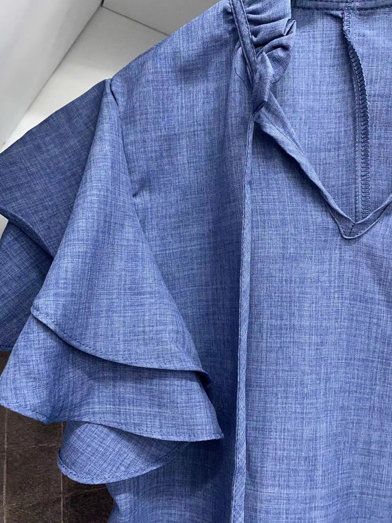 Denim Look Print Ruffles Tied Detail Top & Shorts Set