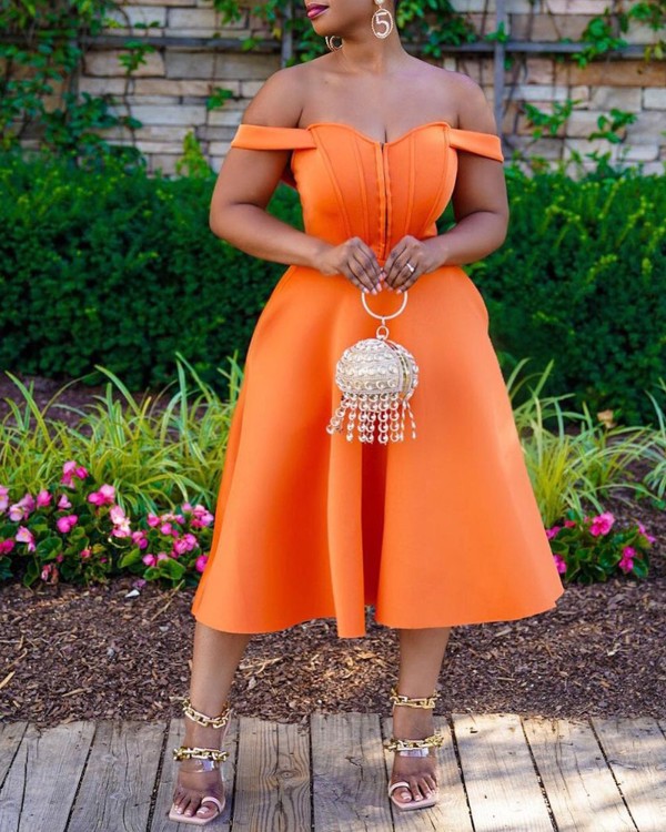 Off Shoulder Short Sleeve Corset Midi Dress