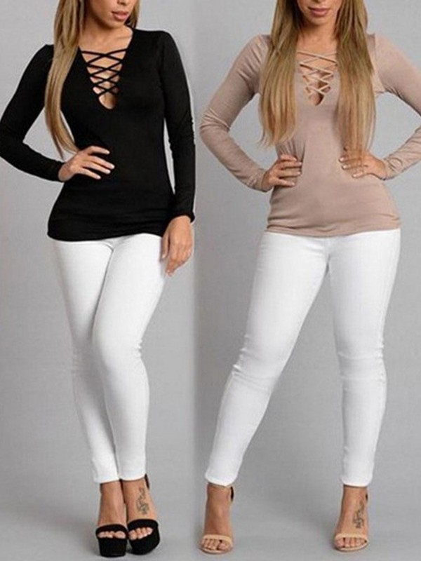 Blusa con cuello en V de manga larga con cuello en V para mujer