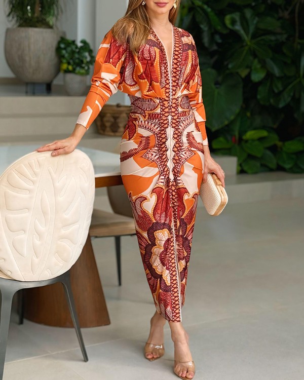 Vintage Baroque Long Sleeve Bodycon Dress Casual Plunge V Neck Slim Fit Maxi Dress