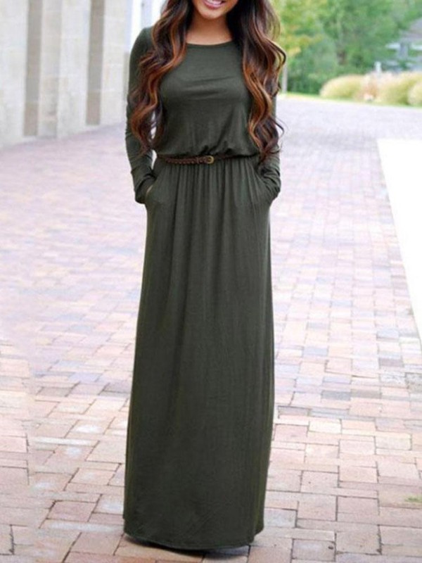 Sexy Fashion Solid Rundhalsausschnitt Langarm Maxi Kleid Casual Dress