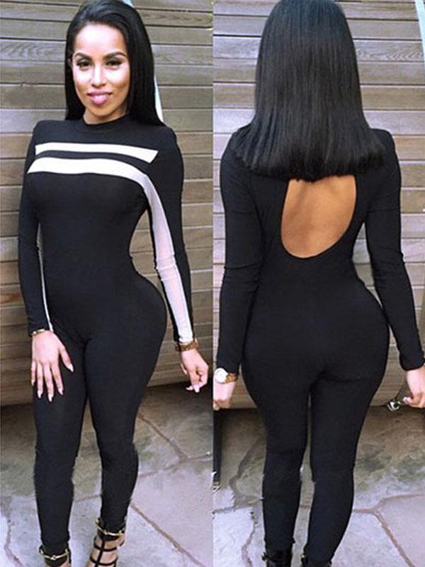 Haustkonur Langerma Svart hvítur bútasaumur Há mitti baklaus Jumpsuit Rompers Bodycon Bodysuit