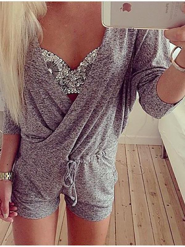 Women Fashion Dark Gray 3/4 Sleeve V Neck Wrap Jumpsuit Playsuit One Piece For Party/Beach