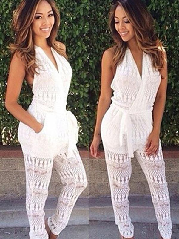 Sexy Lady&#39;s Profundo Decote Em V Macacão Sem Encosto Slim Fit Oco Out Rendas Compridas Calças Brancas Macacão