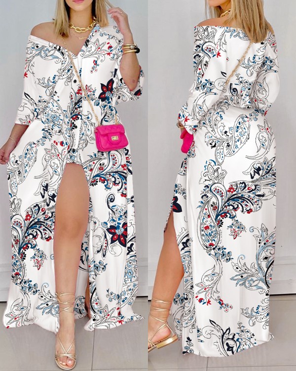 Blómprentaður hnappur upp hár skurðakjóll