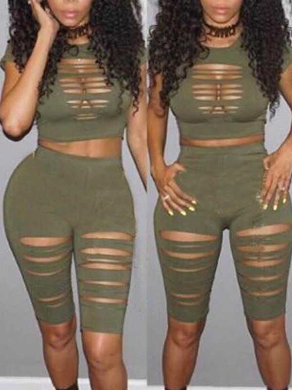 Sexy Frauen Loch Anzug Set Kurzarm Crop Top Skinny Shorts 2 Stück Casual Sport Anzug