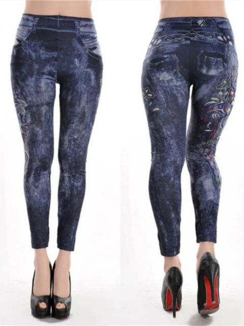 Women's Denim Look Jeans Skinny Leggings Fashion Stretch Pants Trousers Tattoo Leggings