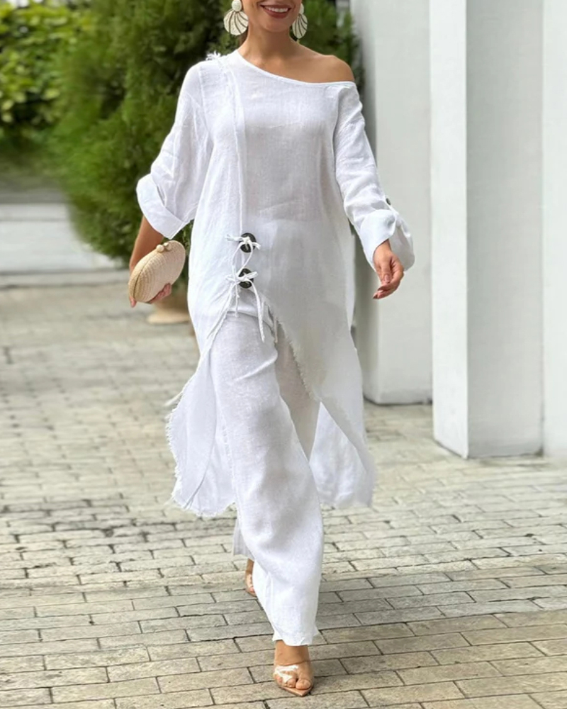 2 Pieces Outfit One Shoulder Button Decor Slit Frayed Edges Top and Casual Elastic Waist Wide Leg Pants Set
