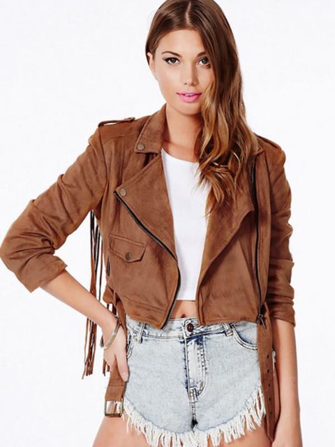 Women Casual Jacket 2015 Fashion Autumn Personality Faux Suede Tassel Jacket Coat Plus Size