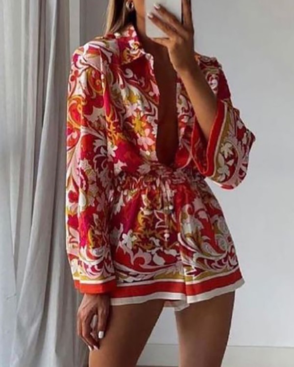 Floral Print Button Design Top & High Waist Shorts Set
