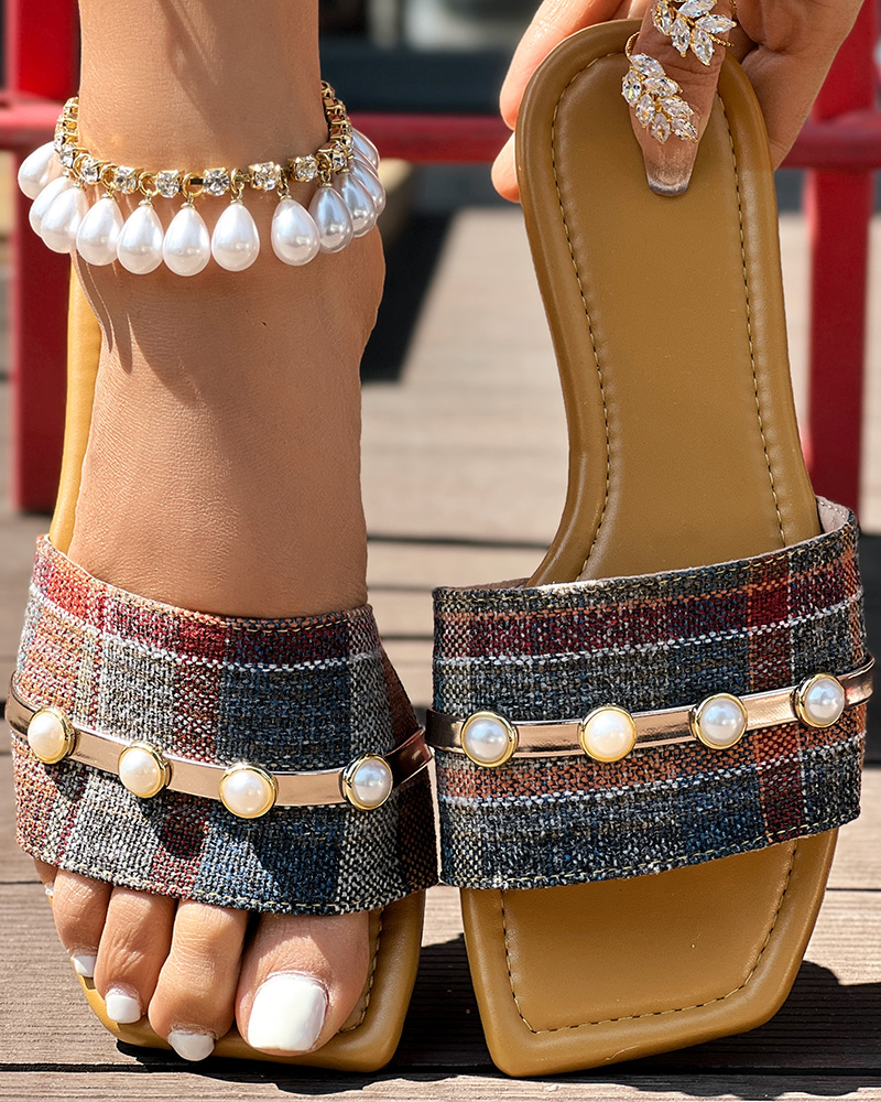 Square Toe Pearls Flat Slippers