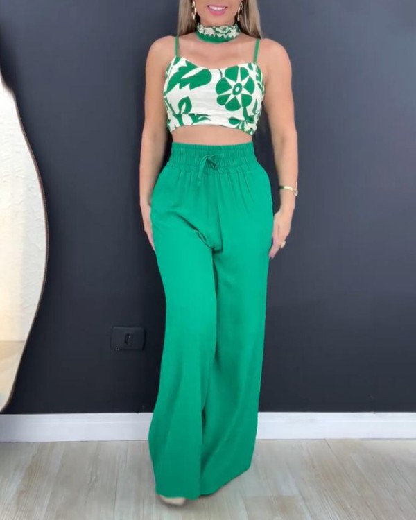 2 Pieces Outfit Floral Print Cold Shoulder Spaghetti Strap Shirred Tank Top and High Waist Drawstring Pants Set