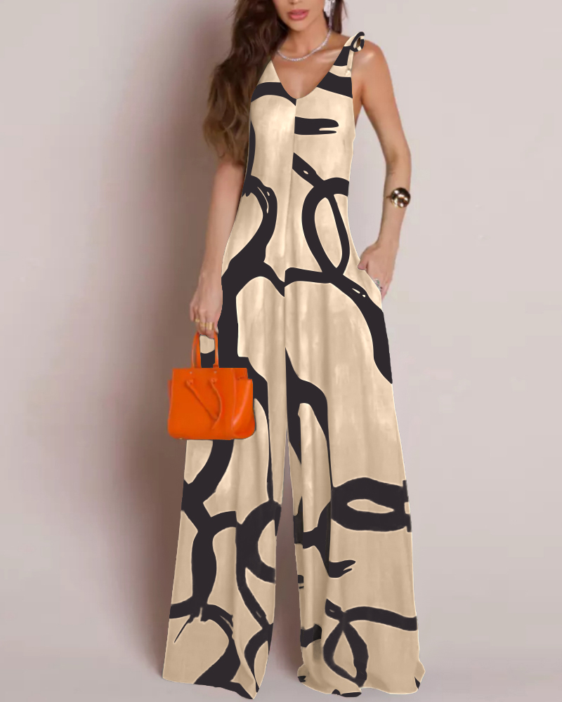 Floral Print V Neck Shoulder Lace Up Jumpsuit Casual Pocket Design Zipper Wide Leg Romper