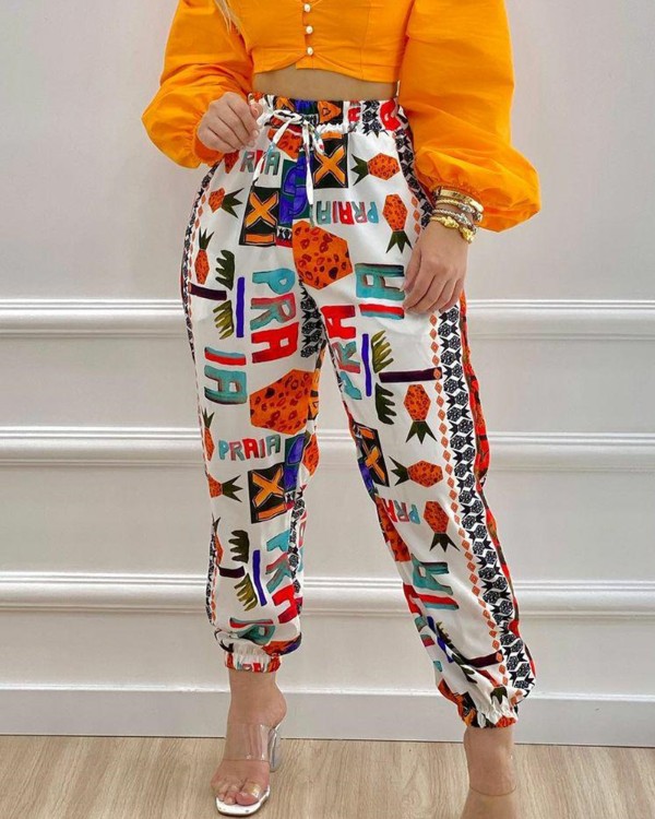 Graphic Print High Waist Drawstring Joggers