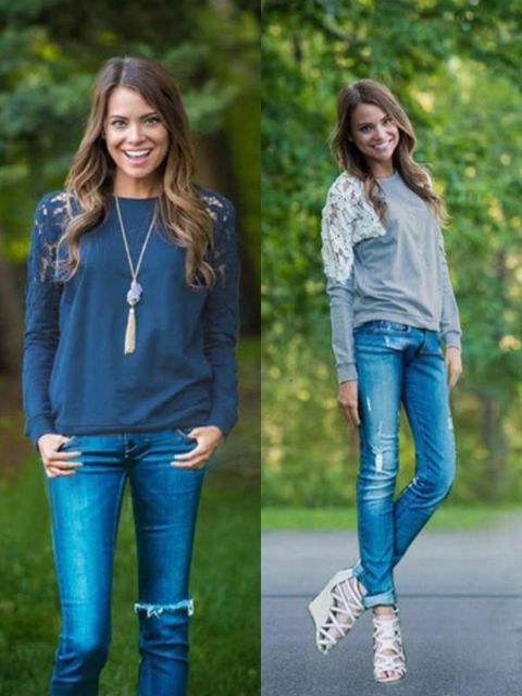 Moda feminina queda Sexy Lace manga macia de manga comprida magro Casual Tops T-shirt Blusa básica