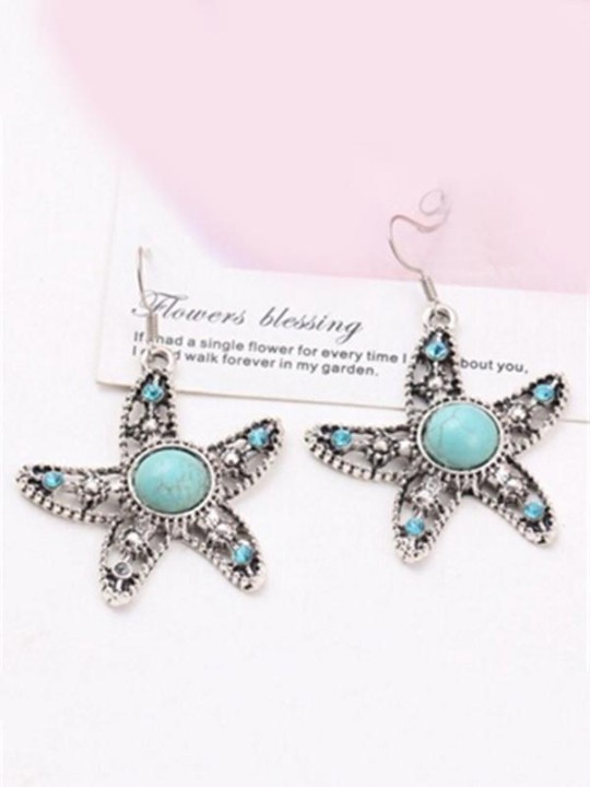 Ancient Sølvbelagt Starfish Dame Turkis Øreringe Starfish Drop Earring Charming Turquoise Metal Women Earring