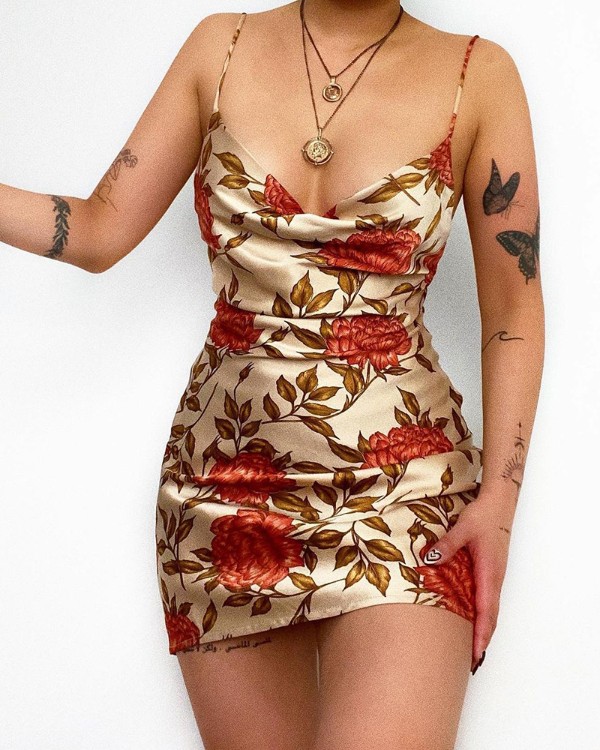 Cowl Neck Floral Leaf Print Satin Dress