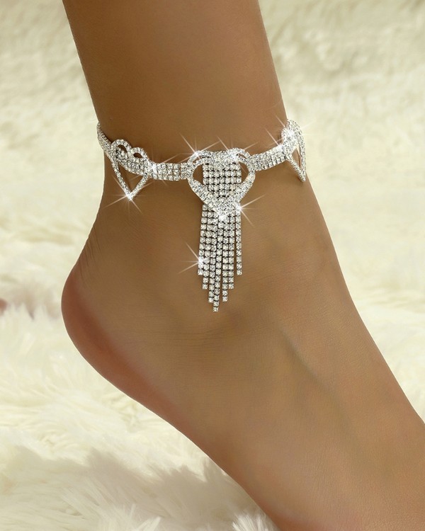 Rhinestone Heart Tassel Anklet Glitter Crystal Fringe Ankle Bracelet
