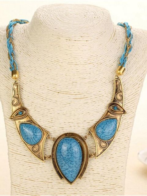 Kvinnors nya blå kedja Retro Bohemian National Wind Pendant halsband