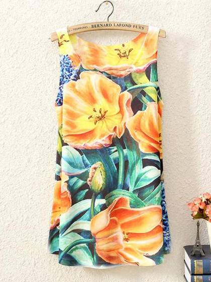 Sommerstil Kvindemode Ærmeløs Tulipan Blomstret 3D Trykt Bluse Shirt Vest Tank Tops