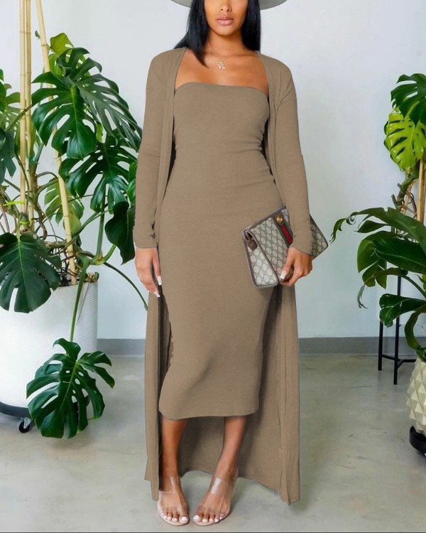 Vestido ajustado de tubo sólido con abrigo largo