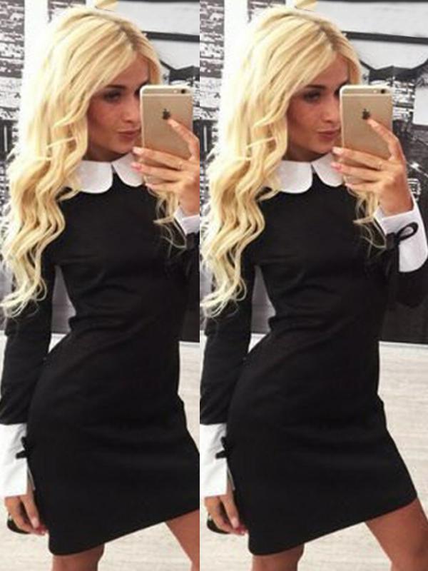 Mode féminine Sexy mince robe moulante à manches longues blanc faux col couleur unie paquet de hanche Bow manches robes décontractées