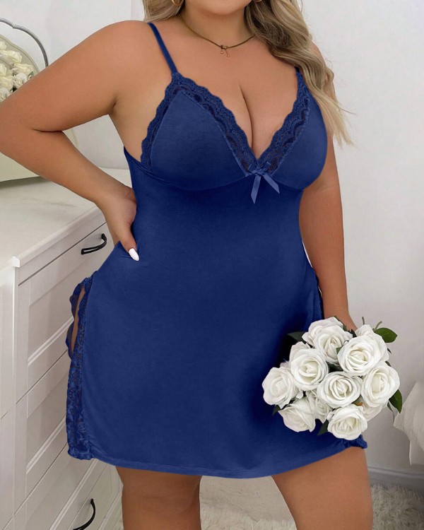 Plus Size Bowknot Decor Lace Patch Slit Sleep Dress