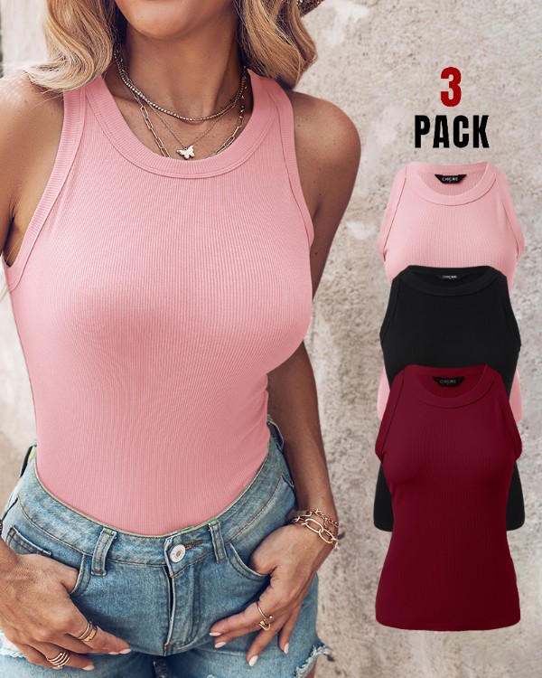 3er-Pack ärmellose, gerippte Racerback-Tanktops mit Rundhalsausschnitt (ohne Polsterung)