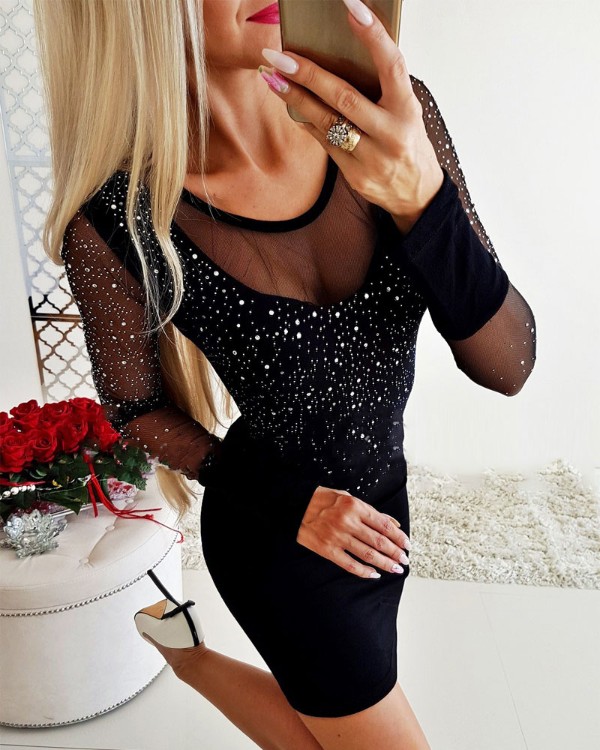 Rhinestone Decor Contrast Mesh Long Sleeve Bodycon Dress