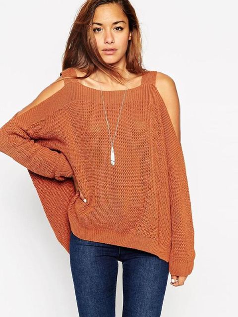 Frauen-lange Hülsen-kalte Schulter-lose gestrickte Strickjacke beiläufige Strickpullover