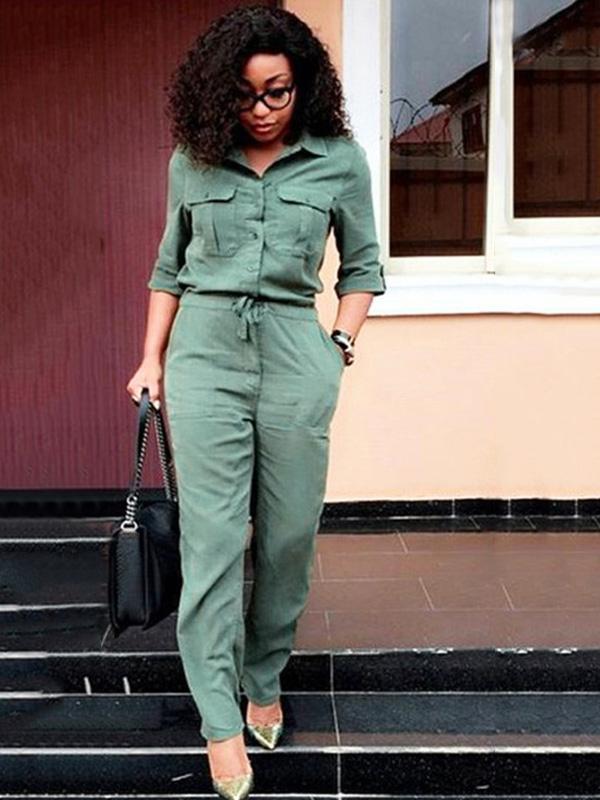 Kvinnors Jumpsuit Ny Slim Långärmad Revers Hög Midja Med Knapp Frock Romper Casual Bodycon Jumpsuits