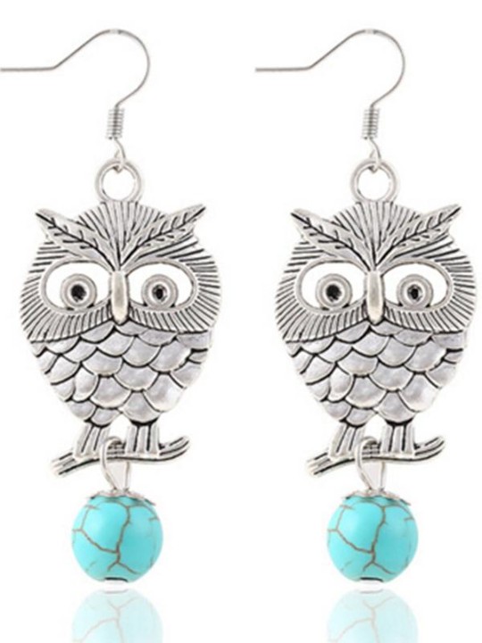 Placage de mode blanc argent percé fleur métal hibou Turquoise pendentifs boucles d&#39;oreilles bijoux pour femmes