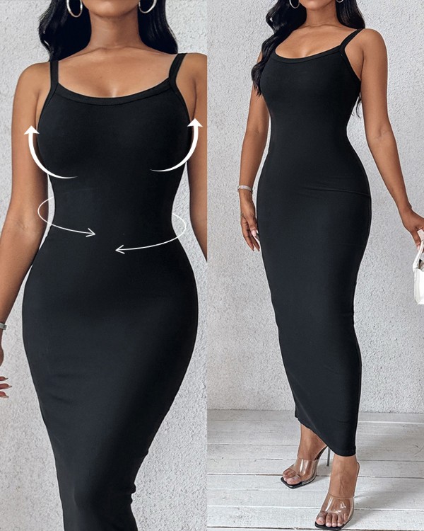 ChicMe ShapeSculpt Basic Lounge Slip U Neck Long Dress Elegant Sleeveless Ribbed Bodycon Maxi Dresses